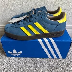 Adidas Gazelle Indoor Pro Suede Sneakers in Teal Blue with Bright Yellow Stripes